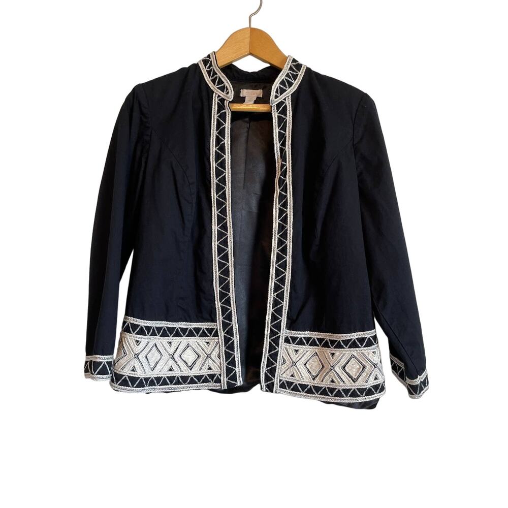 Chico's Tapestry Trim Jacket Black Lined Cotton Open Blazer embroidered M (8)